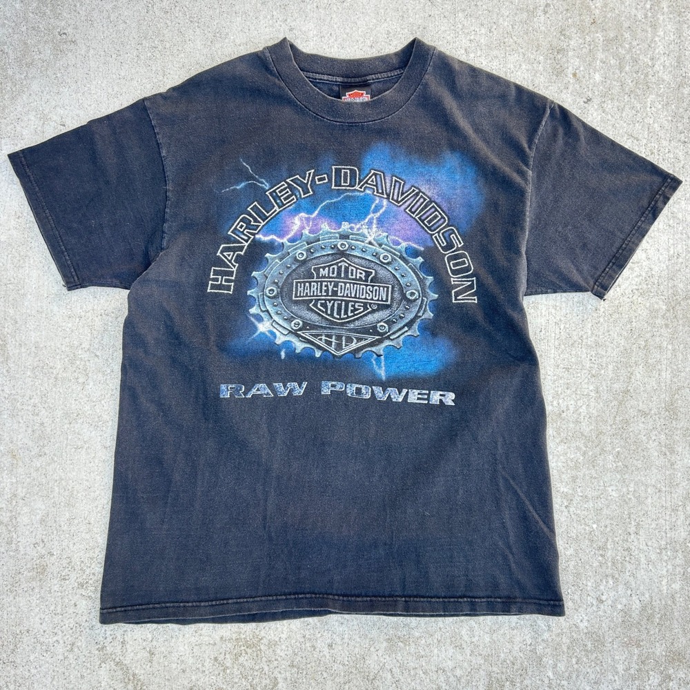 Harley Davidson T Shirt Large Black Vintage Raw Power Lightning Chrome Las Vegas